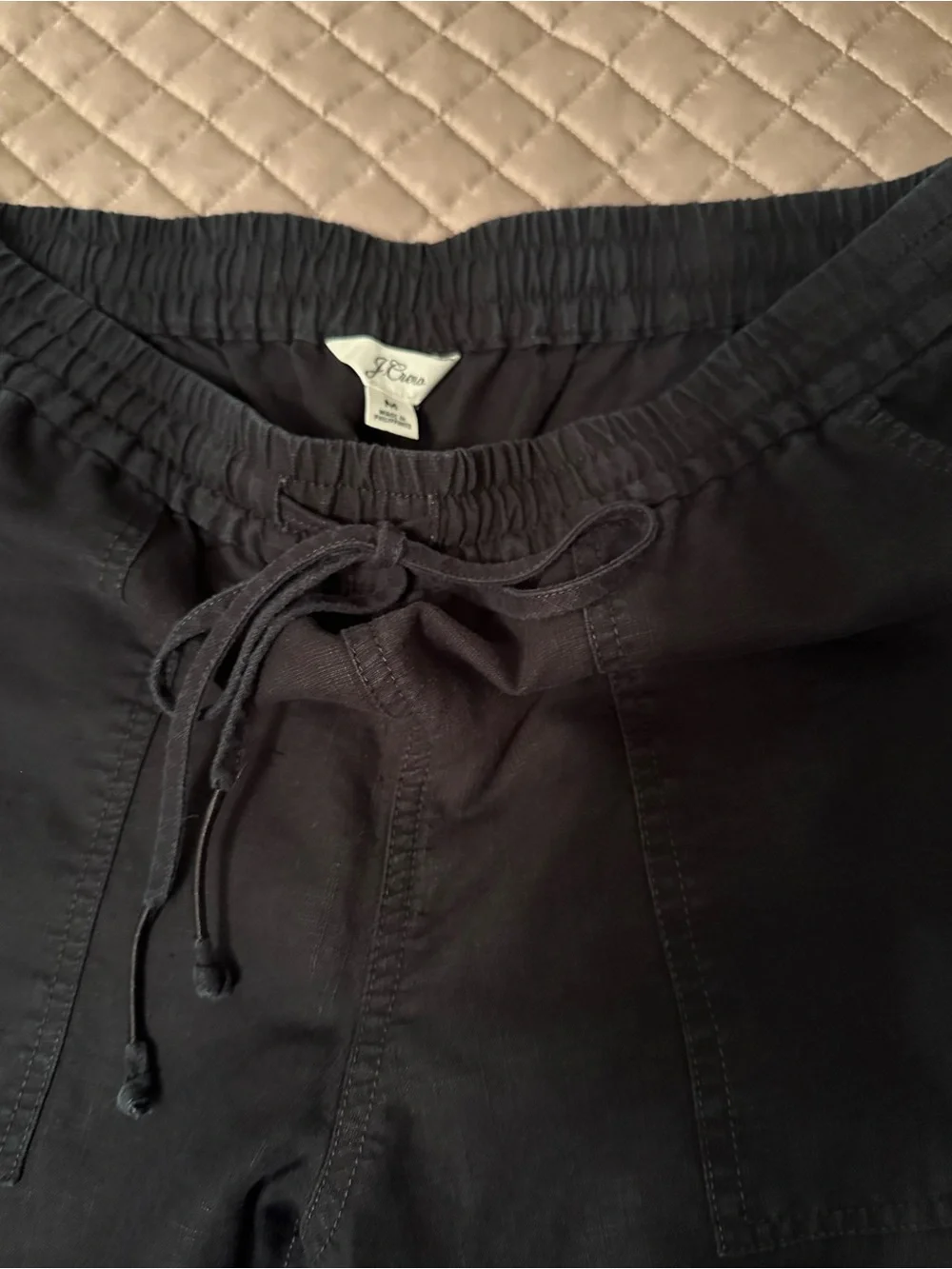J Crew Relaxed Drawstring Linen Pants in Light Sage and Black